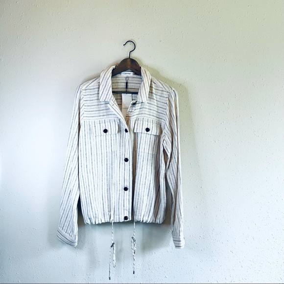 Calvin Klein Linen Blend Striped Women’s Beige Jacket Size Medium NEW - Picture 1 of 11